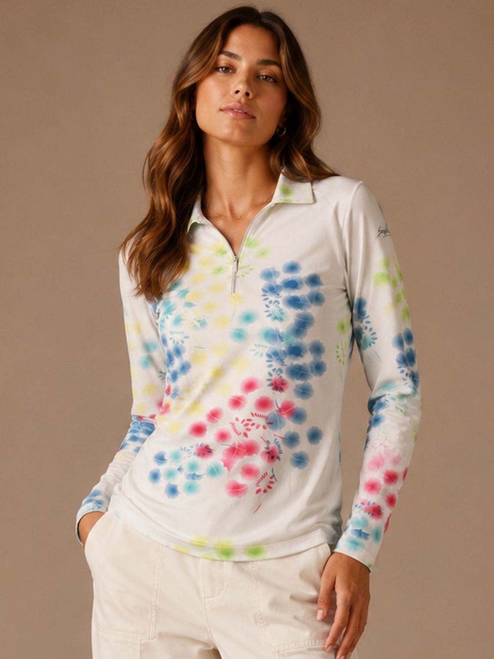 Bette & Court Floral Quarter Zip Golf Tennis Performance Top Size S